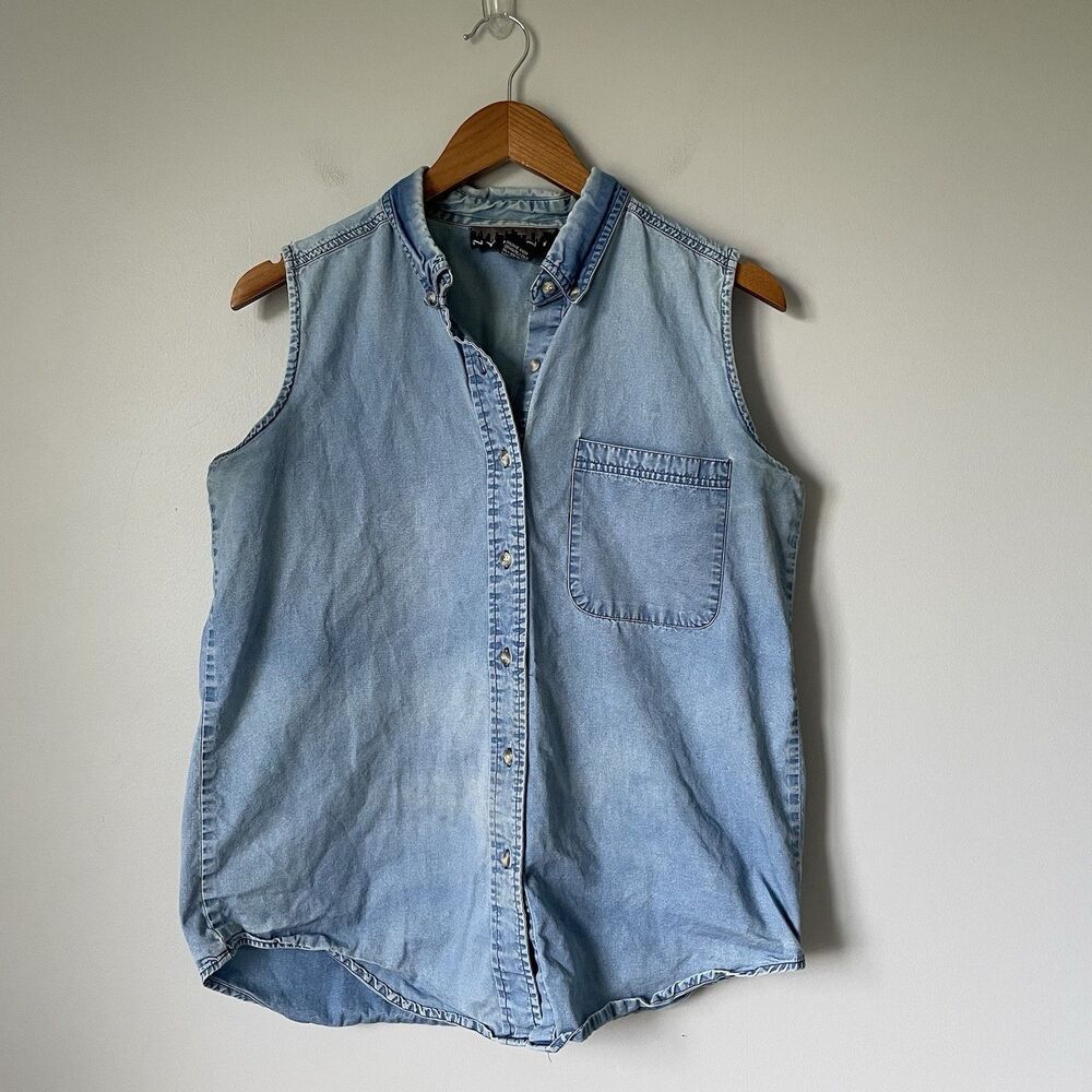 NY Line Vintage 1990's Blue Denim 100% Cotton Tank Top Collar Women Size Medium